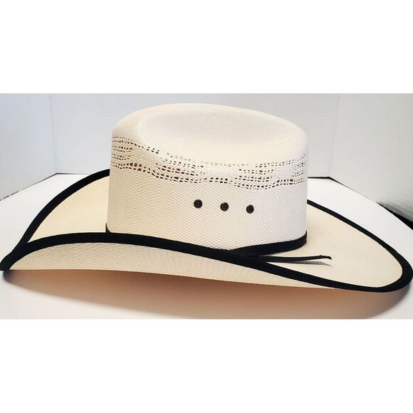 MoksMan 100X Bangora Western Cowboy Hat SZ 7 Legendary Hats Ivory Woven w/ Black - Picture 9 of 16